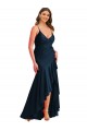 Affordable Sleeveless Spaghetti Straps Silky Satin Dark Navy Long High Low Plus Size Evening Dress