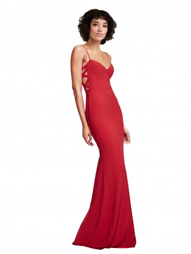Affordable Sleeveless Spaghetti Straps Stretch Crepe Red Long Evening Dress