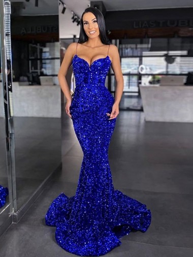 Affordable Sleeveless Spaghetti Straps Velvet Sequin Royal Blue Mermaid Sweep Train Evening Dress