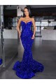 Affordable Sleeveless Spaghetti Straps Velvet Sequin Royal Blue Mermaid Sweep Train Evening Dress