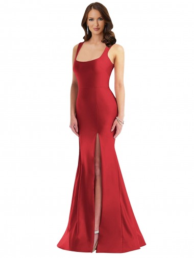 Affordable Sleeveless Square Neck Silky Satin Red Long Plus Size Formal Evening Dress