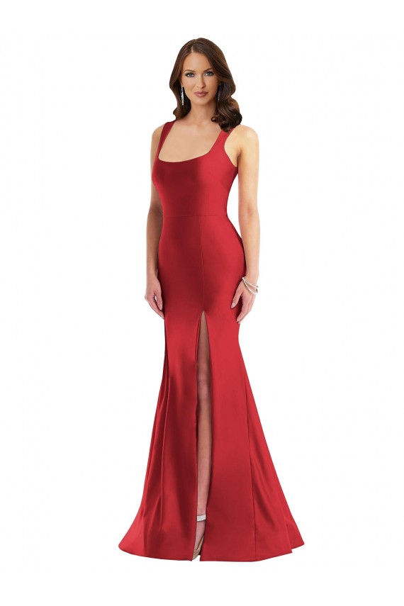 Affordable Sleeveless Square Neck Silky Satin Red Long Plus Size Formal Evening Dress