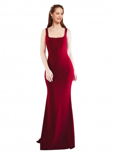 Affordable Sleeveless Square Neck Stretch Crepe Burgundy Long Formal Evening Dress