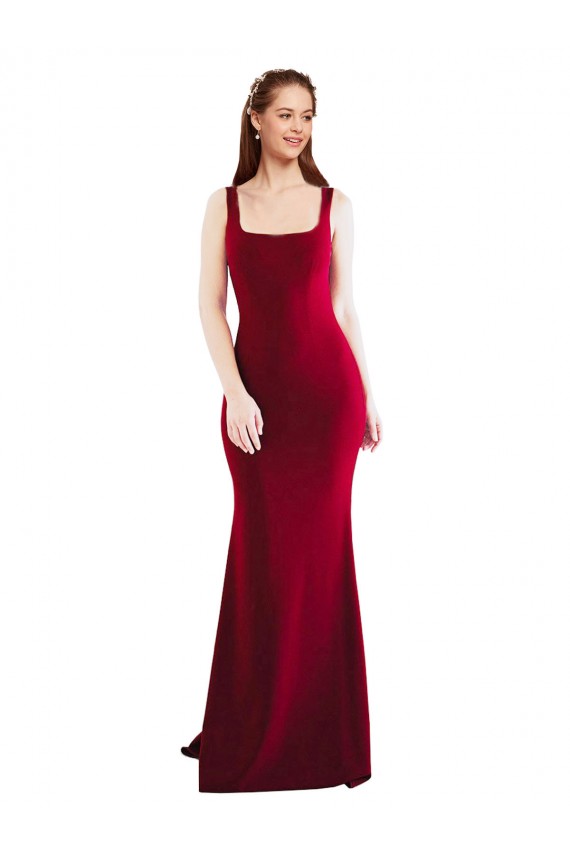 Affordable Sleeveless Square Neck Stretch Crepe Burgundy Long Formal Evening Dress