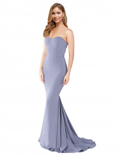 Affordable Sleeveless Strapless Stretch Crepe Smoke Blue Long Formal Evening Dress