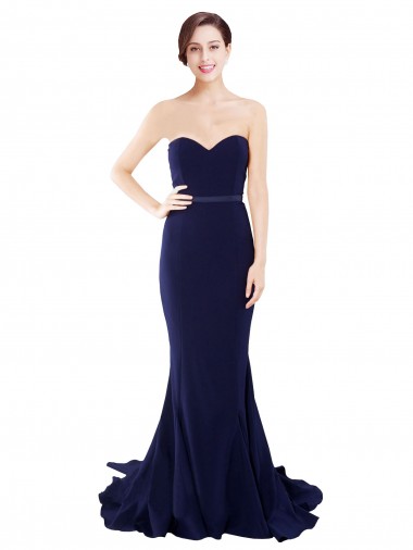 Affordable Sleeveless Strapless Stretch Crepe Dark Navy Mermaid Sweep Train Semi Formal Evening Dress