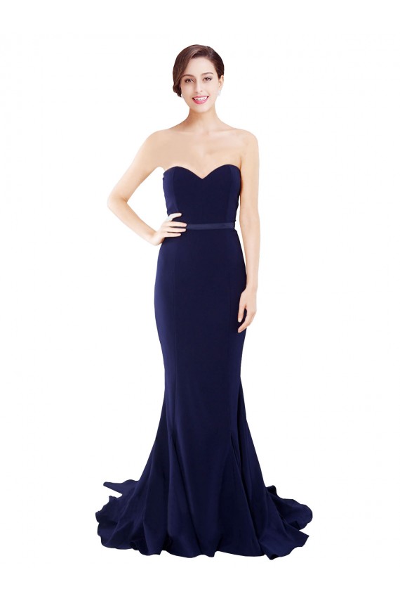Affordable Sleeveless Strapless Stretch Crepe Dark Navy Mermaid Sweep Train Semi Formal Evening Dress