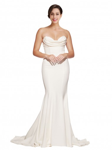 Affordable Sleeveless Strapless Stretch Satin Ivory Sweep Train Formal Evening Dress