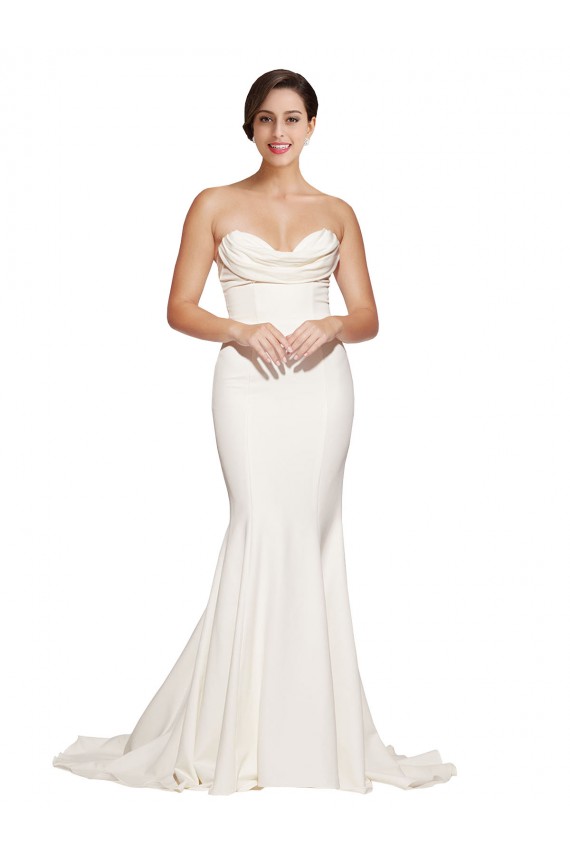 Affordable Sleeveless Strapless Stretch Satin Ivory Sweep Train Formal Evening Dress