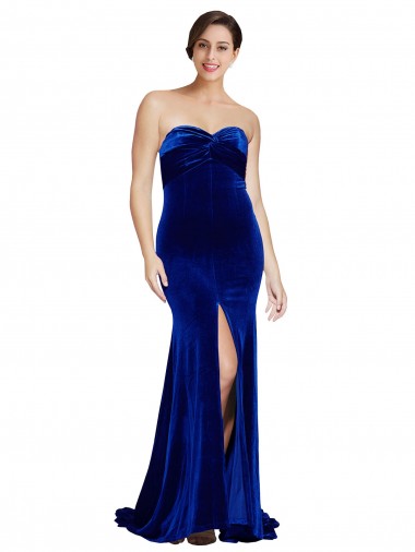 Affordable Sleeveless Strapless Stretch Velvet Royal Blue Sweep Train Formal Evening Dress