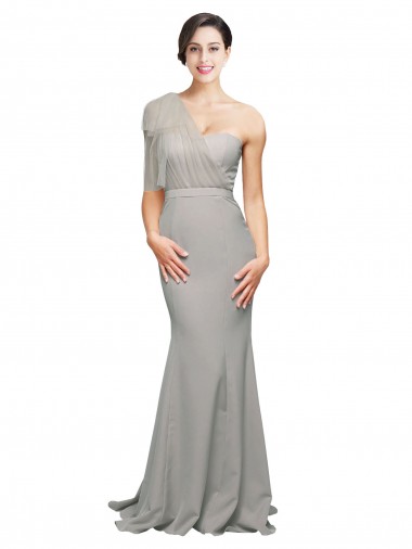 Affordable Sleeveless Sweetheart Stretch Crepe & Tulle Oyster Silver Sweep Train Formal Evening Dress