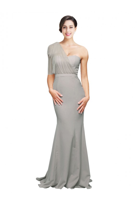 Affordable Sleeveless Sweetheart Stretch Crepe & Tulle Oyster Silver Sweep Train Formal Evening Dress