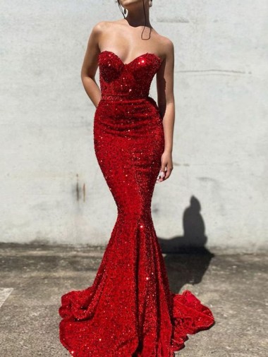 Affordable Sleeveless Sweetheart Velvet Sequin Burgundy Court Train Evening Gowns