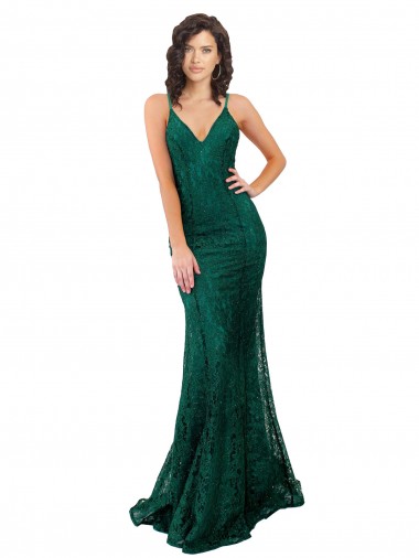Affordable Sleeveless V-Neck Lace Dark Green Long Black Tie Evening Dress