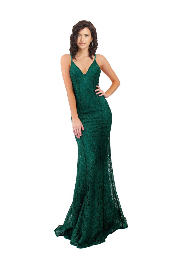 Affordable Sleeveless V-Neck Lace Dark Green Long Black Tie Evening Dress