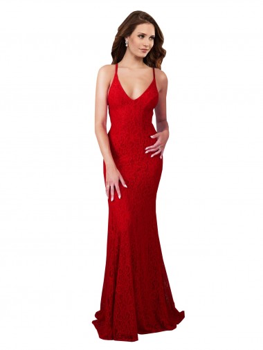 Affordable Sleeveless V-Neck Lace Red Long Formal Dress