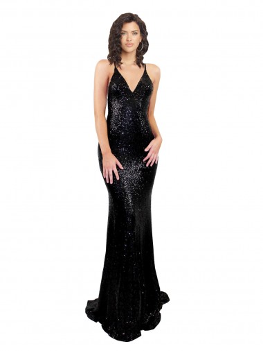 Affordable Sleeveless V-Neck Sequin Black Long Black Tie Evening Dress