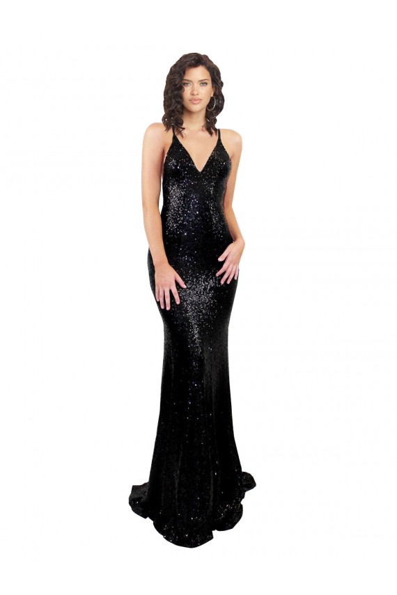 Affordable Sleeveless V-Neck Sequin Black Long Black Tie Evening Dress