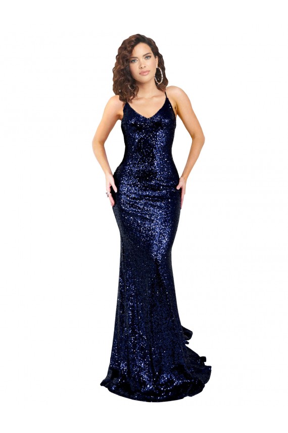 Affordable Sleeveless V-Neck Sequin Dark Navy Long Formal Evening Dress