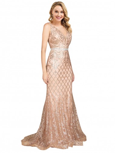 Affordable Sleeveless V-Neck Sequin & Sparkling Sequin Rose Gold Long Plus Size Formal Evening Dress