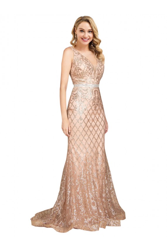 Affordable Sleeveless V-Neck Sequin & Sparkling Sequin Rose Gold Long Plus Size Formal Evening Dress