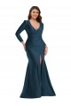 Affordable Long Sleeves V-Neck Silky Satin Atlantic Blue Long Plus Size Formal Evening Dress