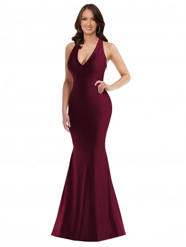 Affordable Sleeveless V-Neck Silky Satin Burgundy Long Plus Size Formal Evening Dress