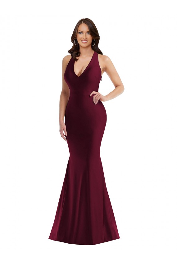 Affordable Sleeveless V-Neck Silky Satin Burgundy Long Plus Size Formal Evening Dress