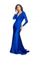 Affordable Long Sleeves V-Neck Silky Satin Royal Blue Long Formal Evening Dress