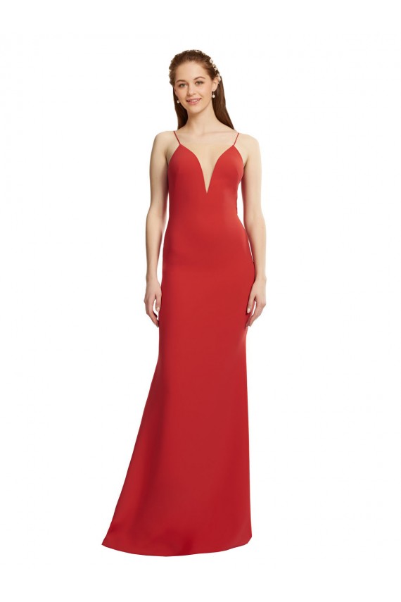 Affordable Sleeveless V-Neck Stretch Crepe Red Long Formal Evening Dress