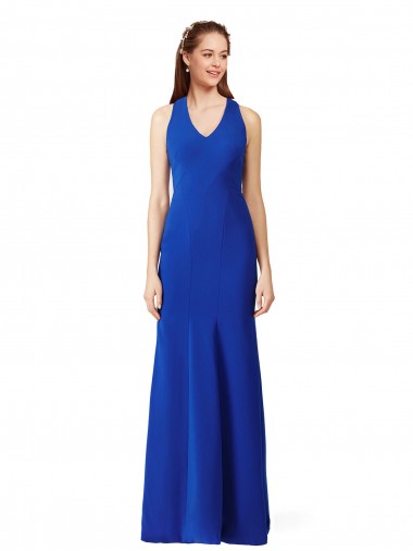 Affordable Sleeveless V-Neck Stretch Crepe Royal Blue Long Formal Evening Dress