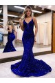 Affordable Sleeveless V-Neck Velvet Sequin Royal Blue Court Train Evening Dress