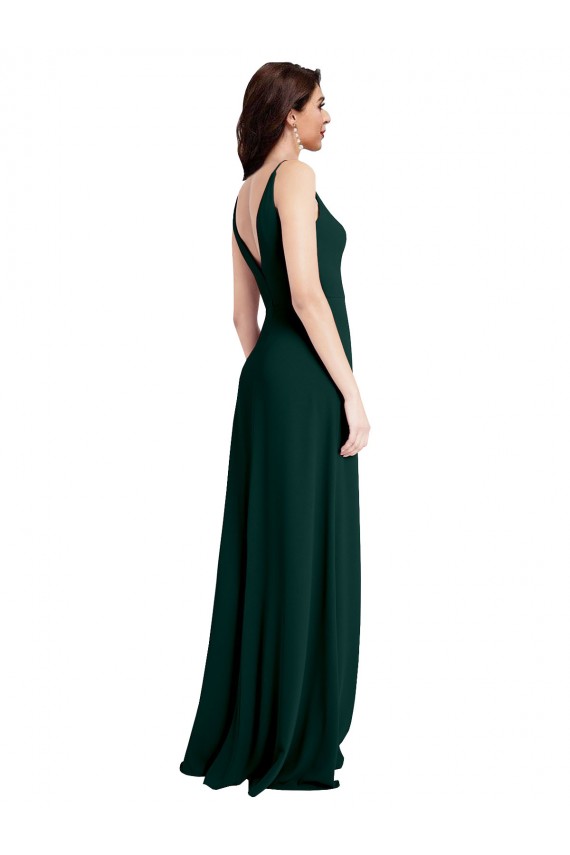 Affordable Sleeveless V-Neck Stretch Crepe Midnight Green Long Formal Evening Dress