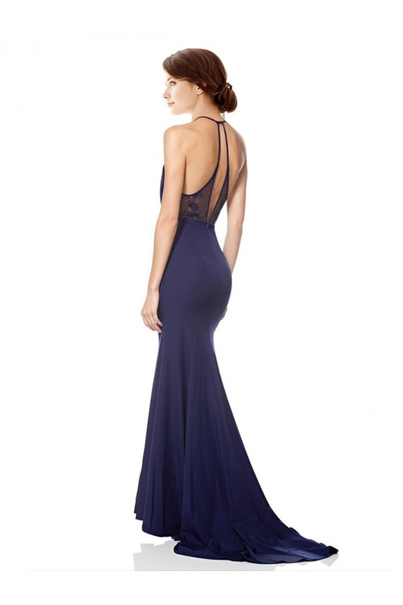 Affordable Sleeveless High Neck Stretch Crepe Navy Blue Long Evening Dress