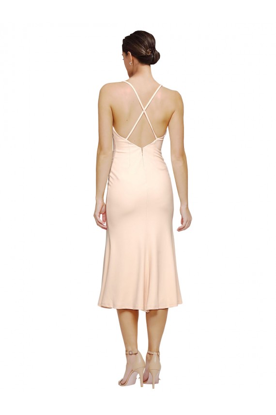 Affordable Sleeveless V-Neck Stretch Crepe Nude Midi Length Evening Dress
