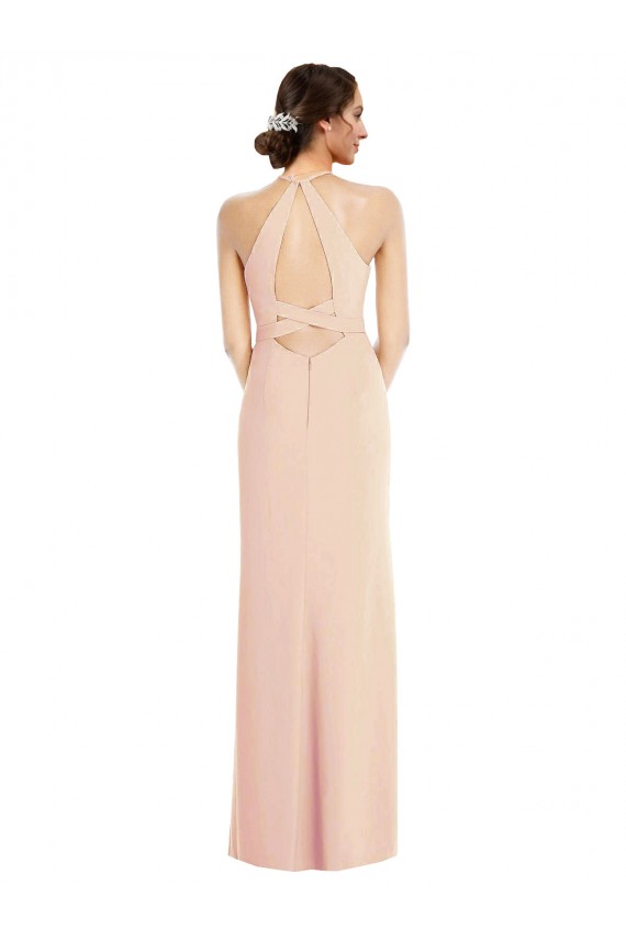 Affordable Sleeveless Halter Neck Stretch Crepe Nude Long Formal Evening Dress