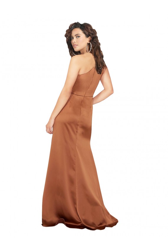 Affordable Sleeveless One Shoulder Silky Satin Orange Long Formal Dress