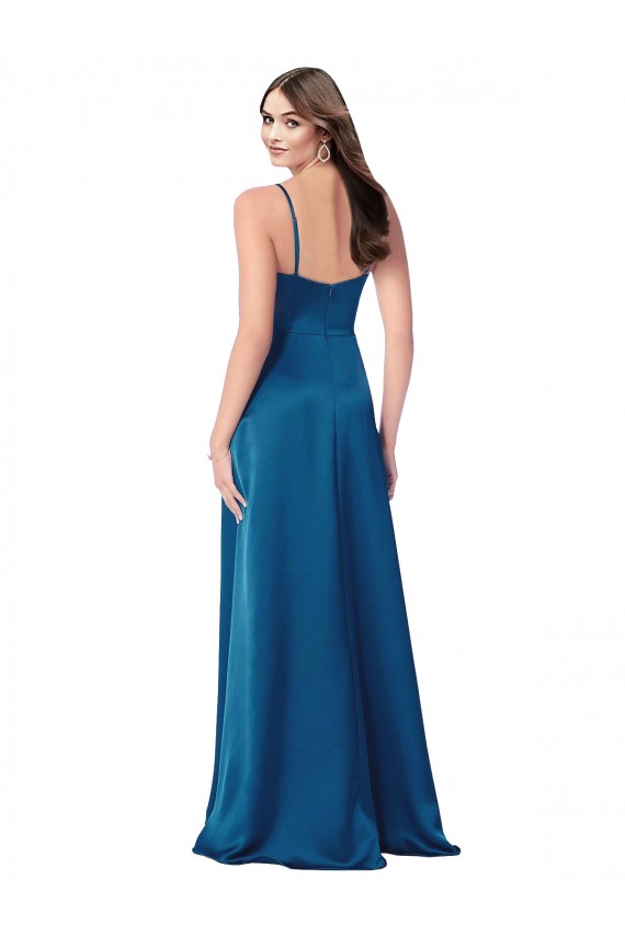 Affordable Sleeveless Cowl Neck Silky Satin Peacock Blue Long Formal Evening Dress