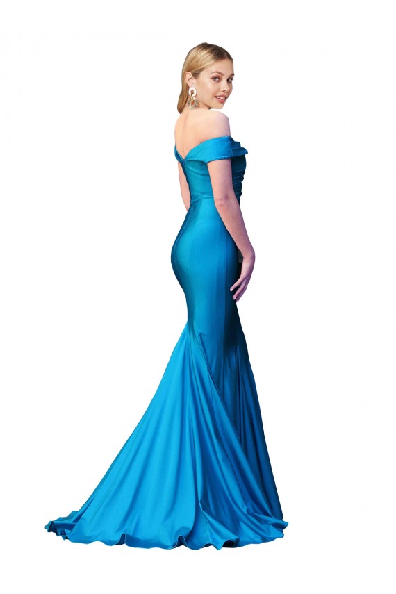 Affordable Sleeveless High Neck Satin Peacock Blue Long Formal Evening Dress
