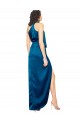 Affordable Sleeveless High Neck Silky Satin Peacock Blue Long Formal Evening Dress