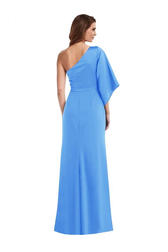 Affordable Bell Sleeves One Shoulder Stretch Crepe Peacock Blue Long Semi Formal Evening Dress