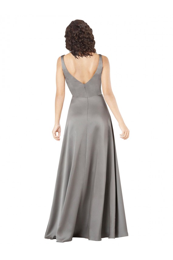 Affordable Sleeveless V-Neck Silky Satin Pearl Grey Long Formal Evening Dress