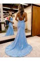 Affordable Sleeveless V-Neck Velvet Sequin Periwinkle Sweep Train Evening Dress