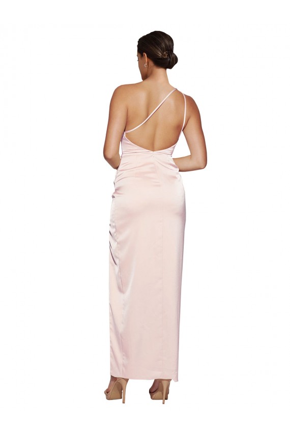 Affordable Sleeveless One Shoulder Silky Satin Pink Long Semi Formal Evening Dress
