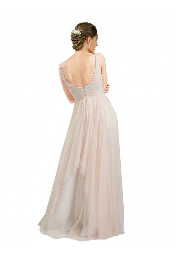 Affordable Sleeveless Scoop Neck Tulle Pink Long Semi Formal Evening Dress