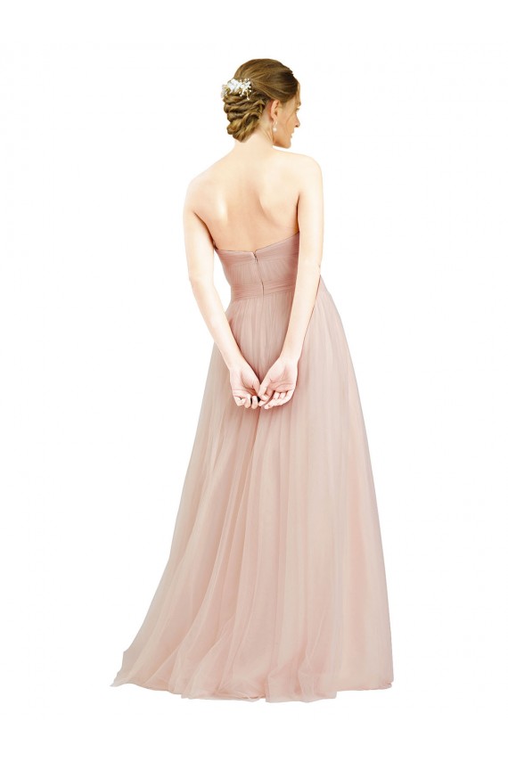 Affordable Sleeveless Strapless Tulle Pink Long Semi Formal Dress
