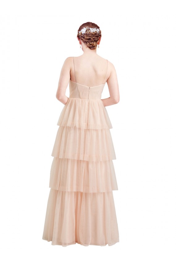 Affordable Sleeveless V-Neck Tulle Pink Long Semi Formal Evening Dress