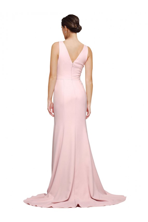 Affordable Sleeveless V-Neck Stretch Crepe Pink Sweep Train Semi Formal Evening Dress