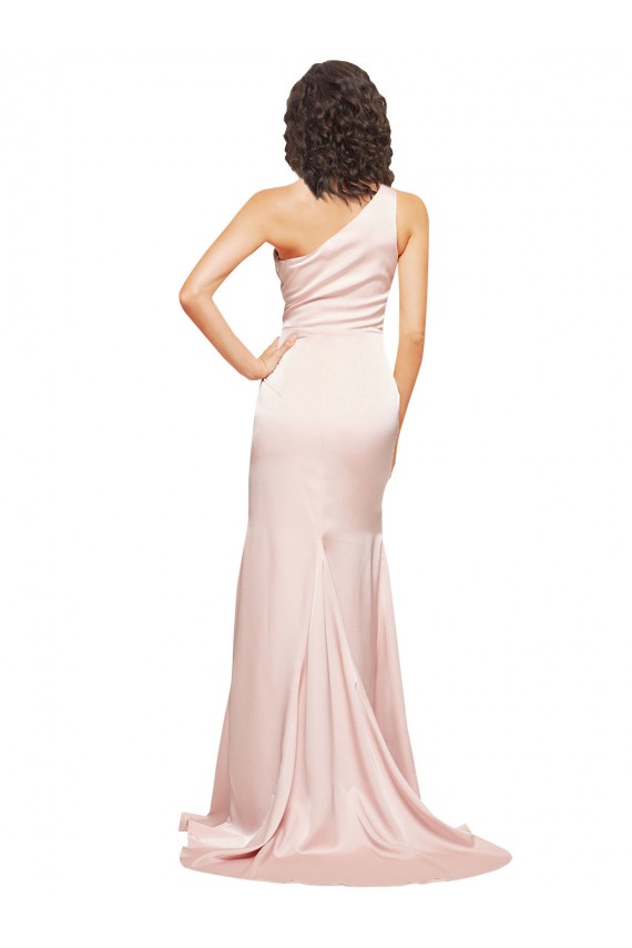 Affordable Sleeveless One Shoulder Silky Satin Pink Long Black Tie Evening Dress