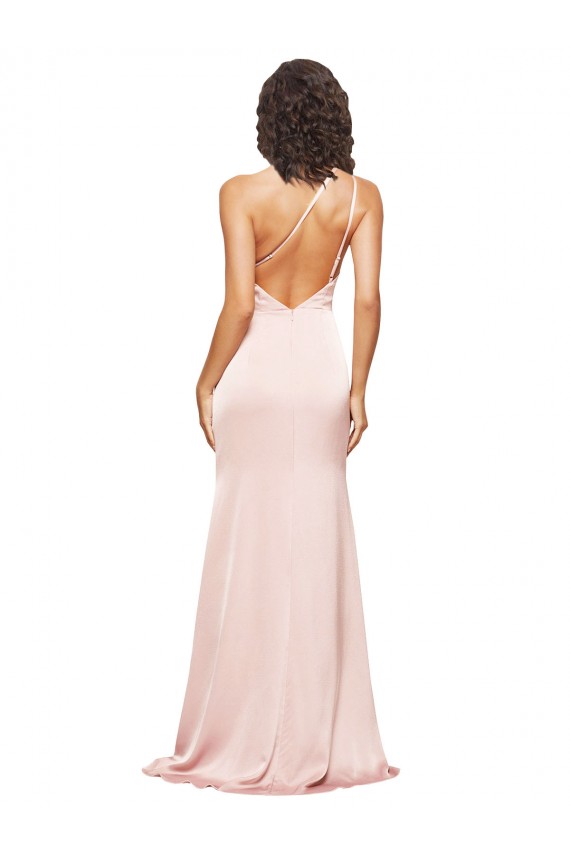 Affordable Sleeveless One Shoulder Silky Satin Pink Long Formal Evening Dress